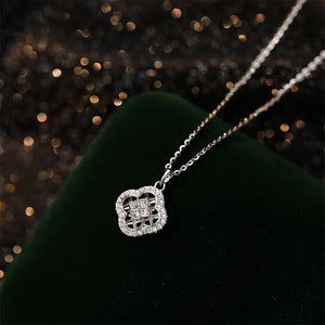 925 Sterling Silver Simple Temperament Hollow Four-leafed Clover Pendant with Cubic Zirconia and Necklace