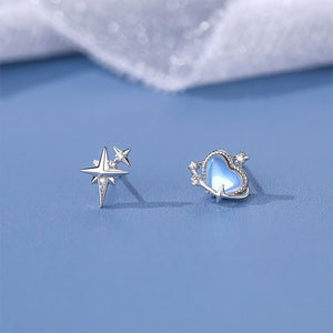 925 Sterling Silver Fashion Creative Planet Star Moonstone Asymmetrical Stud Earrings with Cubic Zirconia