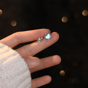 925 Sterling Silver Fashion Creative Planet Star Moonstone Asymmetrical Stud Earrings with Cubic Zirconia