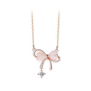 925 Sterling Silver Plated Rose Gold Fashion and Sweet Ribbon Imitation Opal Pendant with Cubic Zirconia and Necklace