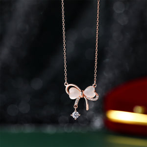 925 Sterling Silver Plated Rose Gold Fashion and Sweet Ribbon Imitation Opal Pendant with Cubic Zirconia and Necklace