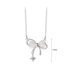 925 Sterling Silver Fashion and Sweet Ribbon Imitation Opal Pendant with Cubic Zirconia and Necklace