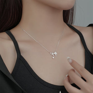 925 Sterling Silver Fashion and Sweet Ribbon Imitation Opal Pendant with Cubic Zirconia and Necklace