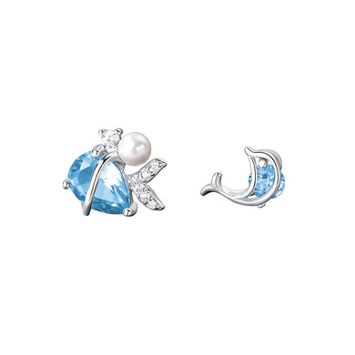 925 Sterling Silver Fashion Creative Mermaid Imitation Pearl Dolphin Asymmetric Stud Earrings with Cubic Zirconia
