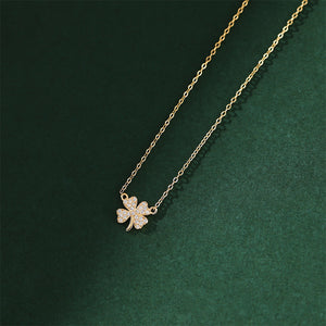925 Sterling Silver Plated Gold Simple and Fashion Four-leafed Clover Pendant with Cubic Zirconia and Necklace