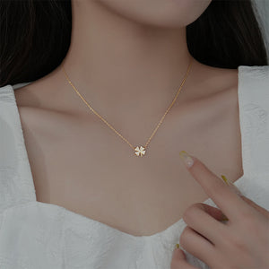 925 Sterling Silver Plated Gold Simple and Fashion Four-leafed Clover Pendant with Cubic Zirconia and Necklace