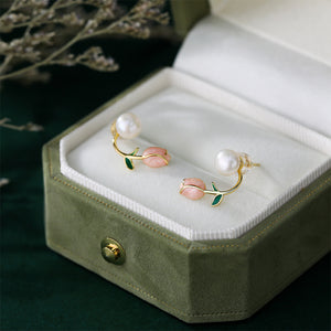 925 Sterling Silver Fashion and Elegant Enamel Tulip Imitation Pearl Stud Earrings with Cubic Zirconia