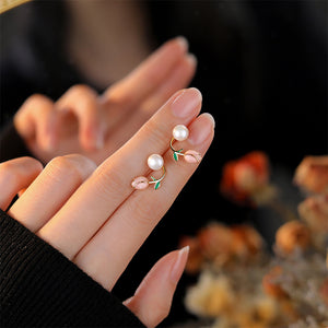 925 Sterling Silver Fashion and Elegant Enamel Tulip Imitation Pearl Stud Earrings with Cubic Zirconia