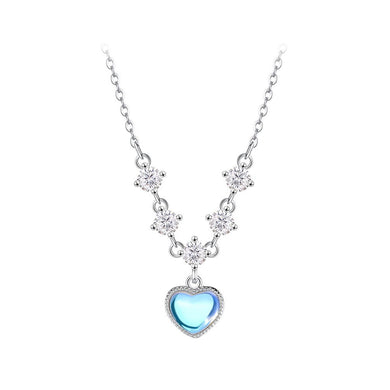 925 Sterling Silver Fashion and Romantic Heart-shaped Moonstone Pendant with Cubic Zirconia and Necklace