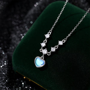 925 Sterling Silver Fashion and Romantic Heart-shaped Moonstone Pendant with Cubic Zirconia and Necklace