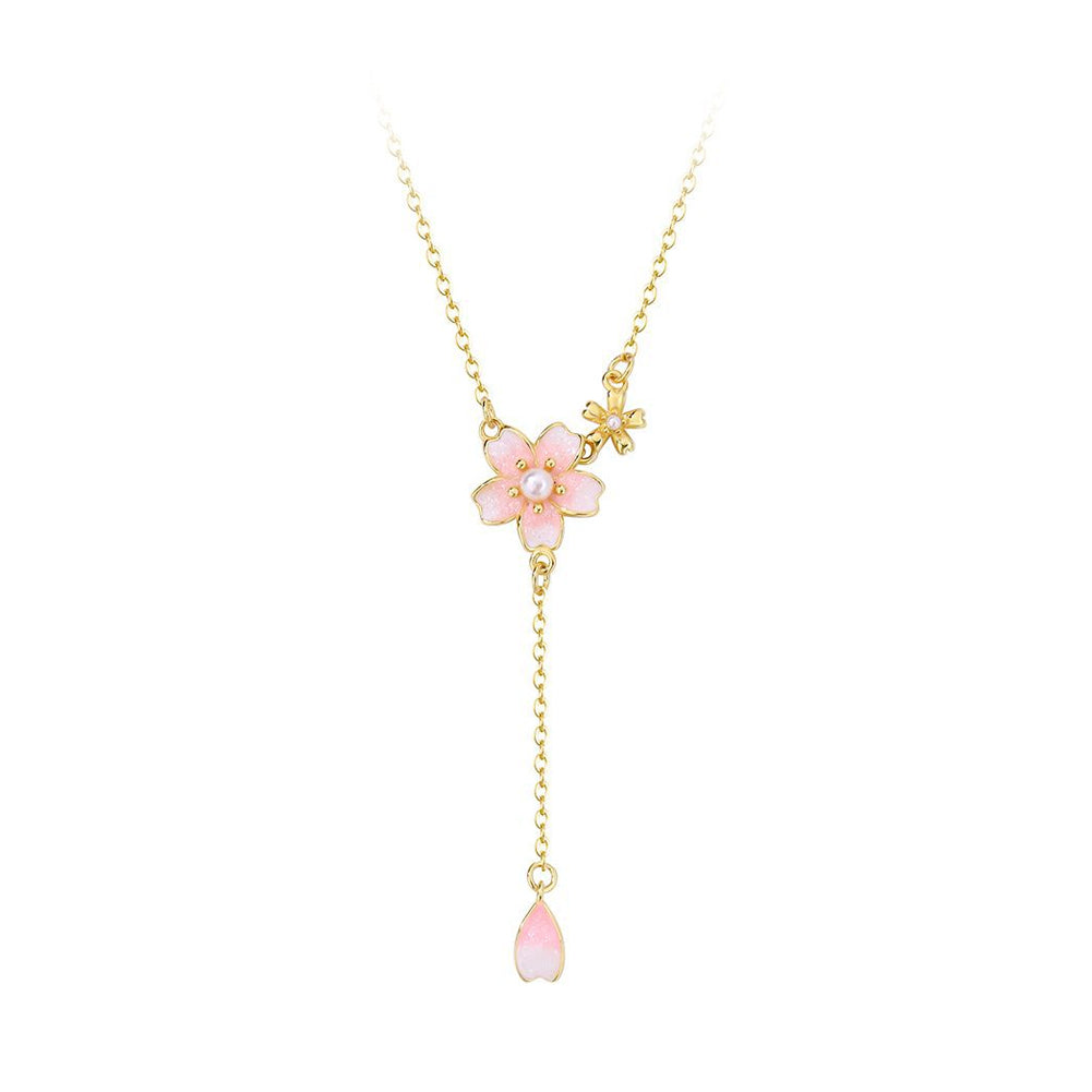 925 Sterling Silver Plated Gold Fashion Temperament Enamel Cherry Blossom Imitation Pearl Tassel Pendant with Necklace