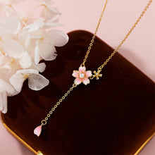 Load image into Gallery viewer, 925 Sterling Silver Plated Gold Fashion Temperament Enamel Cherry Blossom Imitation Pearl Tassel Pendant with Necklace