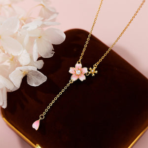 925 Sterling Silver Plated Gold Fashion Temperament Enamel Cherry Blossom Imitation Pearl Tassel Pendant with Necklace