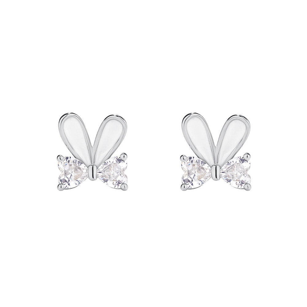 925 Sterling Silver Simple Cute Rabbit Ribbon Stud Earrings with Cubic Zirconia