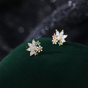 925 Sterling Silver Plated Gold Sweet Temperament Enamel Flower Stud Earrings with Cubic Zirconia