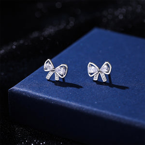 925 Sterling Silver Sweet and Cute Ribbon Stud Earrings with Cubic Zirconia