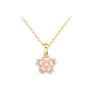 925 Sterling Silver Plated Gold Fashion and Sweet Enamel Cherry Blossom Pendant with Cubic Zirconia and Necklace