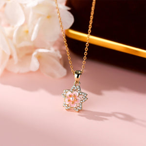 925 Sterling Silver Plated Gold Fashion and Sweet Enamel Cherry Blossom Pendant with Cubic Zirconia and Necklace