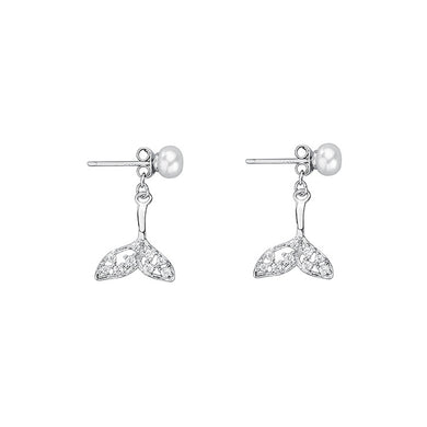 925 Sterling Silver Fashion Simple Mermaid Tail Imitation Pearl Stud Earrings with Cubic Zirconia