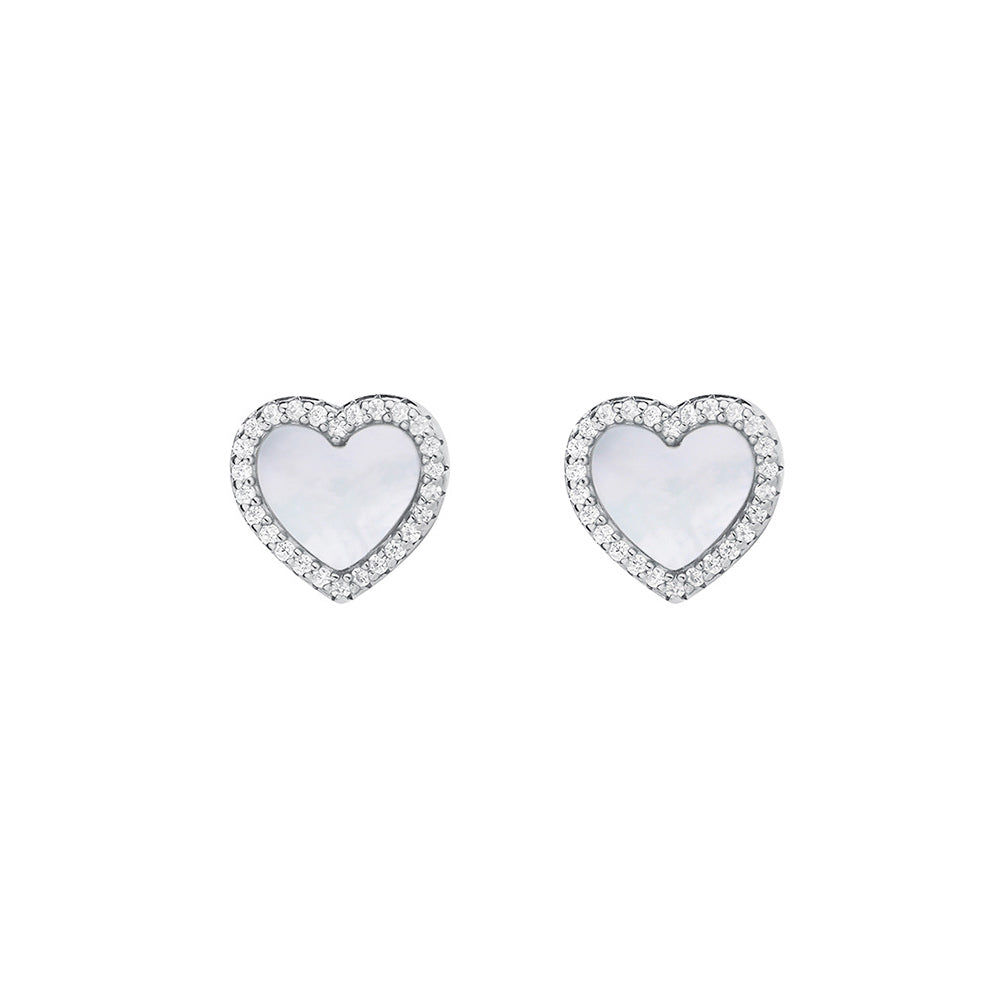 925 Sterling Silver Simple Sweet Heart-Shaped Mother-of-Pearl Stud Earrings with Cubic Zirconia