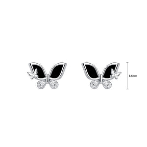 925 Sterling Silver Simple Cute Butterfly Imitation Black Agate Stud Earrings with Cubic Zirconia