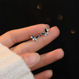 925 Sterling Silver Simple Cute Butterfly Imitation Black Agate Stud Earrings with Cubic Zirconia