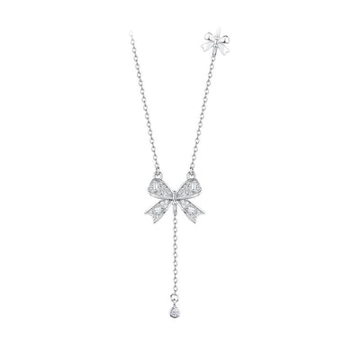 925 Sterling Silver Sweet and Cute Ribbon Tassel Pendant with Cubic Zirconia and Necklace