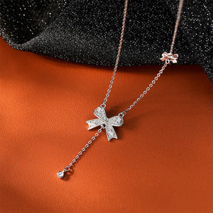 925 Sterling Silver Sweet and Cute Ribbon Tassel Pendant with Cubic Zirconia and Necklace