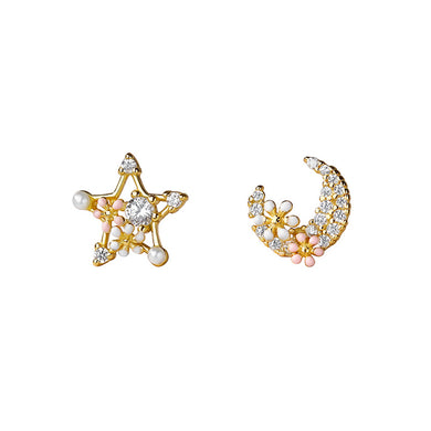 925 Sterling Silver Plated Gold Fashion Sweet Moon Star Imitation Pearl Asymmetric Stud Earrings with Cubic Zirconia