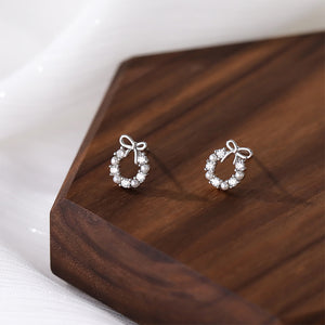 925 Sterling Silver Simple Temperament Ribbon Garland Imitation Pearl Earrings with Cubic Zirconia