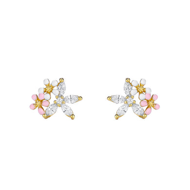 925 Sterling Silver Plated Gold Simple Sweet Enamel Flower Stud Earrings with Cubic Zirconia