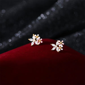 925 Sterling Silver Plated Gold Simple Sweet Enamel Flower Stud Earrings with Cubic Zirconia
