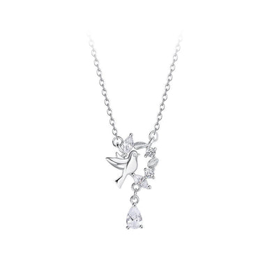 925 Sterling Silver Fashion Temperament White Dove Olive Branch Pendant with Cubic Zirconia and Necklace