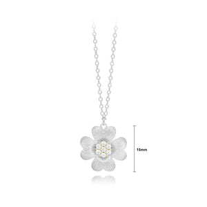 925 Sterling Silver Fashion Vintage Brushed Daisy Pendant with Cubic Zirconia and Necklace