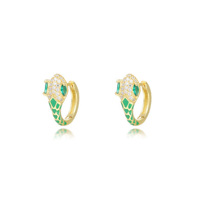 925 Sterling Silver Plated Gold Simple Personality Enamel Green Snake Earrings with Cubic Zirconia