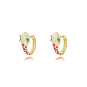 925 Sterling Silver Plated Gold Simple Personality Enamel Red Snake Earrings with Cubic Zirconia