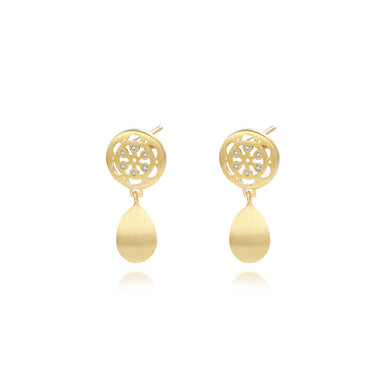 925 Sterling Silver Plated Gold Fashion Temperament Hollow Pattern Geometric Water Drop-shaped Earrings with Cubic Zirconia