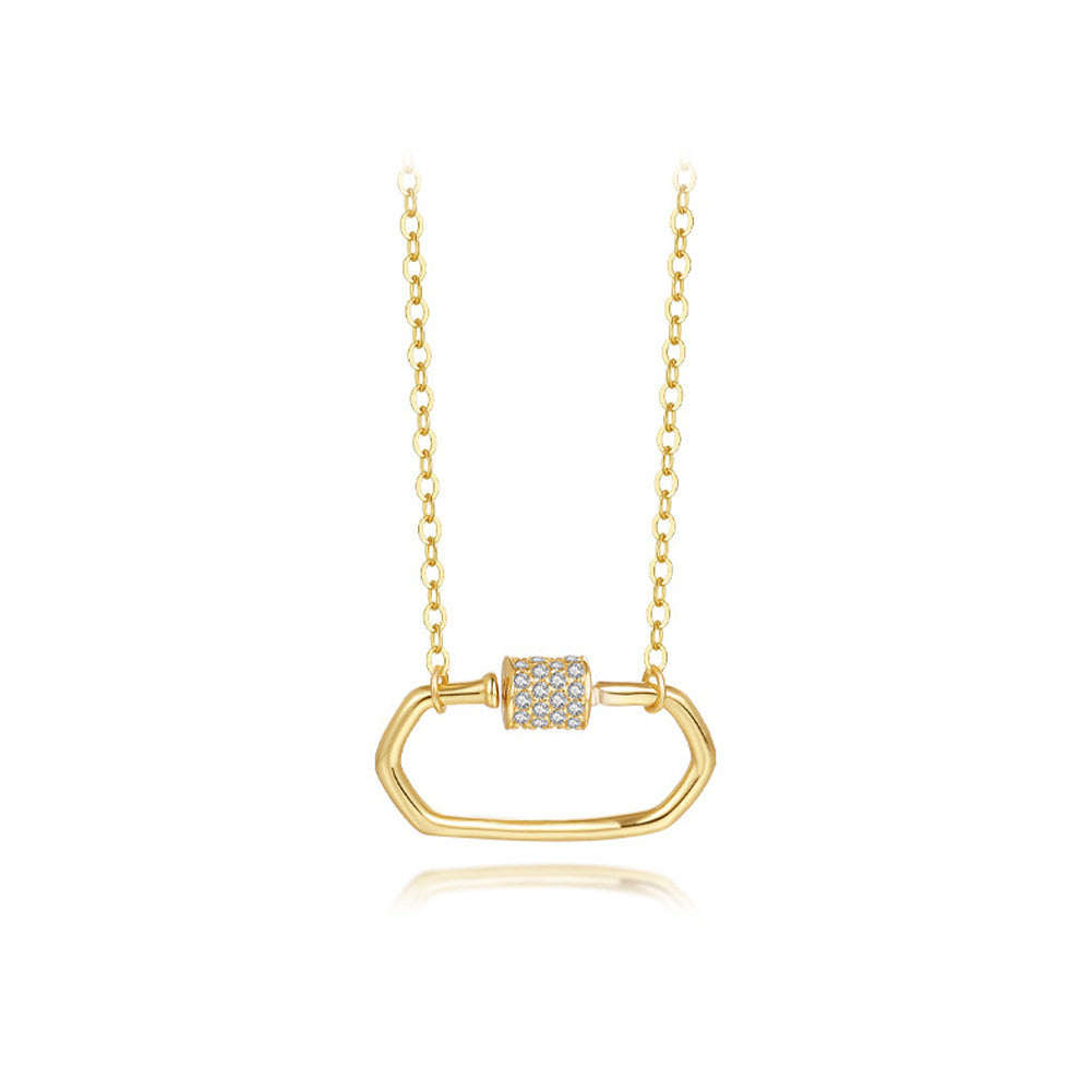 925 Sterling Silver Plated Gold Simple Creative Hollow Geometric Pendant with Cubic Zirconia and Necklace
