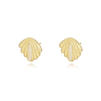 925 Sterling Silver Plated Gold Fashion Simple Brushed Fan-shaped Geometric Stud Earrings with Cubic Zirconia