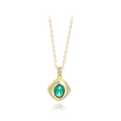 925 Sterling Silver Plated Gold Fashion Simple Geometric Square Pendant with Green Cubic Zirconia and Necklace