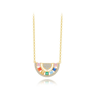 925 Sterling Silver Plated Gold Fashion Temperament Colorful Semicircle Pendant with Cubic Zirconia and Necklace
