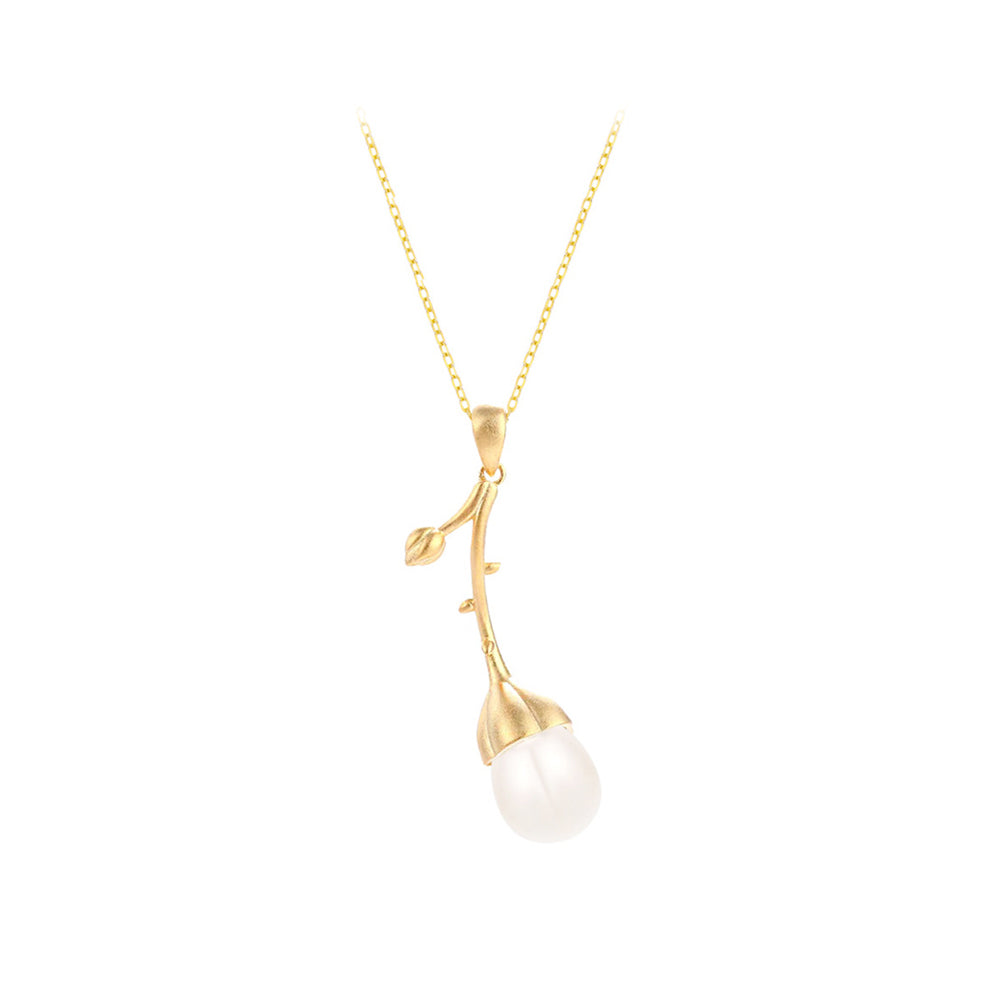 925 Sterling Silver Plated Gold Simple Temperament Lotus Freshwater Pearl Pendant with Necklace