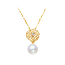 Load image into Gallery viewer, 925 Sterling Silver Plated Gold Fashion Temperament Camellia Imitation Pearl Pendant with Cubic Zirconia and Necklace