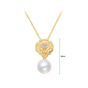 925 Sterling Silver Plated Gold Fashion Temperament Camellia Imitation Pearl Pendant with Cubic Zirconia and Necklace