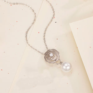 925 Sterling Silver Fashion Temperament Camellia Imitation Pearl Pendant with Cubic Zirconia and Necklace