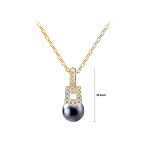 925 Sterling Silver Plated Gold Fashion Simple Geometric Square Black Imitation Pearl Pendant with Cubic Zirconia and Necklace