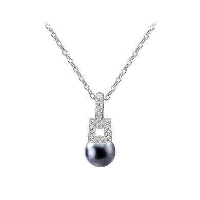 925 Sterling Silver Fashion Simple Geometric Square Black Imitation Pearl Pendant with Cubic Zirconia and Necklace