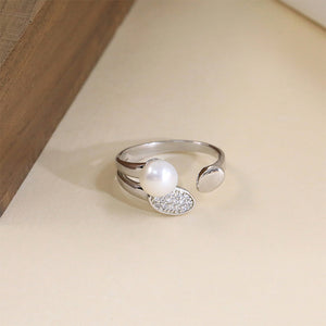925 Sterling Silver Simple Temperament Geometric Round Freshwater Pearl Adjustable Open Ring with Cubic Zirconia