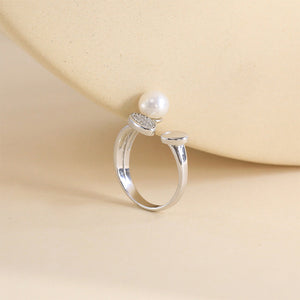 925 Sterling Silver Simple Temperament Geometric Round Freshwater Pearl Adjustable Open Ring with Cubic Zirconia