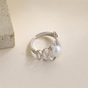 925 Sterling Silver Simple Creative Water Wave Line Geometric Adjustable Open Ring with Freshwater Pearls